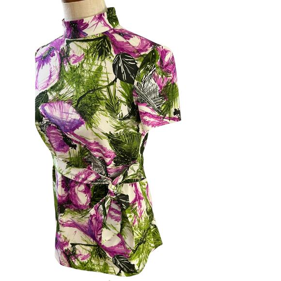 Vintage 60s Short Sleeve Belted Peplum Top Hawaiian Hibiscus Print - Picture 3 of 7
